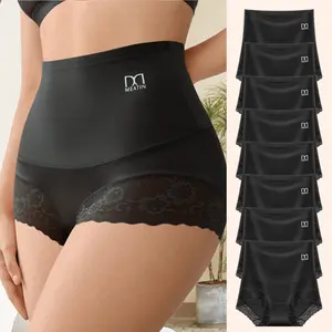 QUASTI Women's 8PCS Black High-Waisted Seamless Polyester Lace Panties - Wrap Design, Smooth, Breathable, Full Coverage, Skin-Friendly, Soft, Lightweight, Basic Underwear, S-XXL, Sexy