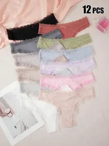 Women's Plain Bow Decor Lace Trim Thong, Casual Comfy Breathable Fabric Panty for Daily Wear, Ladies Underwear for All Seasons