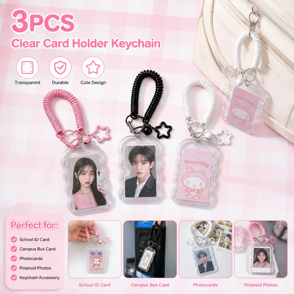 3-Pack Silicone-Alloy Transparent Photocard Keychain Accessory with Star Waves Design - Soft Detachable Chain, Cute Pendant, ID Badge Holder, ID Card Decoration, Kpop Item for Bag Clips