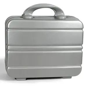 Silver Horizontal Stripe Hard Shell Makeup Case | Portable Mini Travel Cosmetic Organizer with Elastic Straps | Durable ABS Vanity Bag