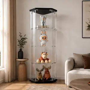 ARCH Glass Display Cabinet with LED Lights, 4-Tier Pentagon Curio Cabinet for Living Room Bedroom Office, Black Floor Standing Glass Bookshelf with Tempered Shelves, Quick Assembly, Dust-Proof Showcase for Collectibles, Black Color Options