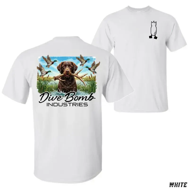 Menswear Short-Sleeve Casual T-Shirt, Dive Bomb Duck Hunting Retriever Dog & Ducks in Flight Graphic Top, Waterfowl Hunting Outdoor Apparel for Dog Lovers, Southern Lifestyle Wear - KitchenEra