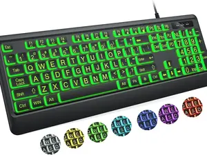 Large Print Keyboard - 7 Interchangeable Backlight Colors, Light Up USB Wired Computer Keyboards, USB Plug-and-Play, Foldable Stands, Corded Full Size Keyboard for Windows, PC, Laptop
