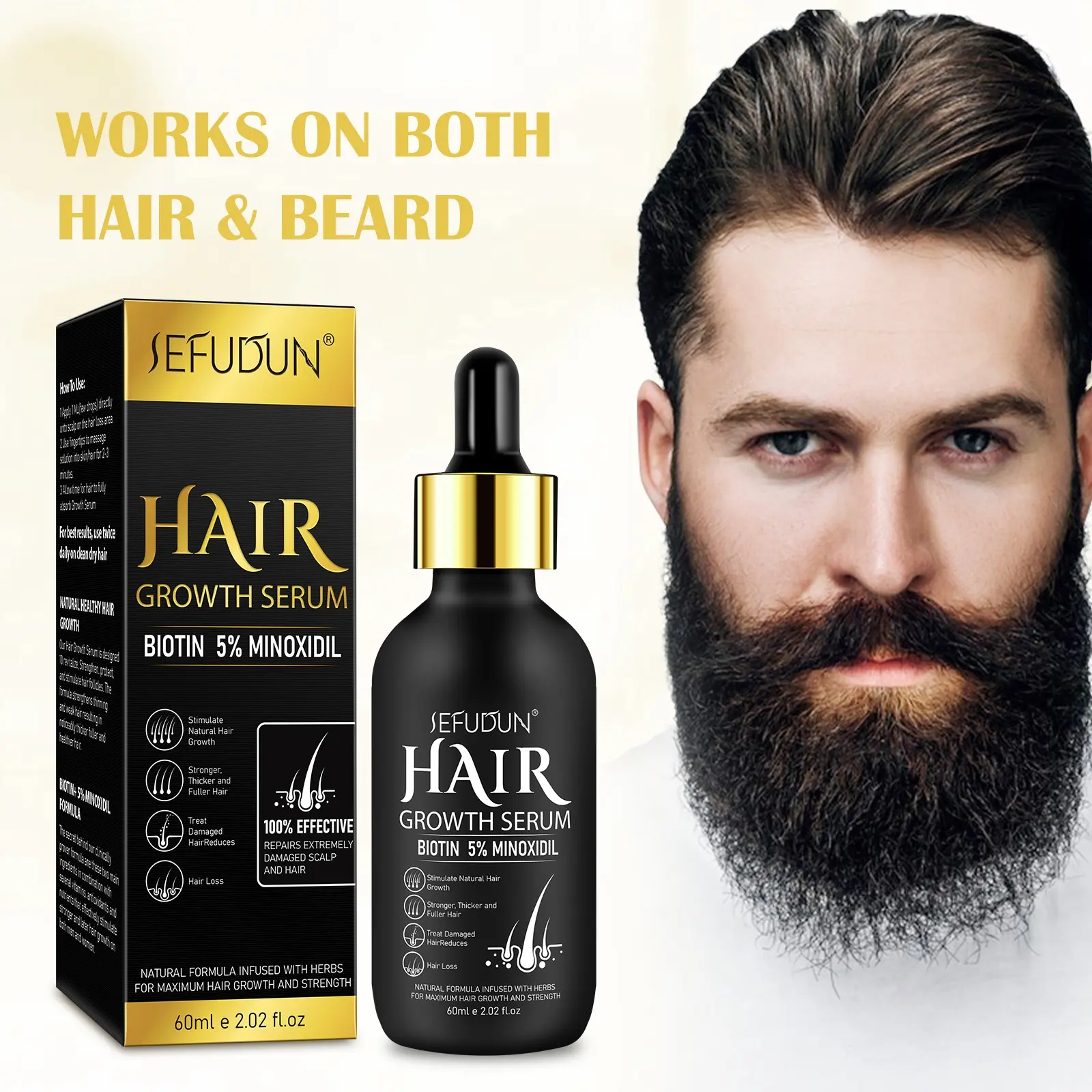Sefudun 5% Minoxidil Essence Liquid, Hair Growth Serum, Treats Baldness, Scalp Care, Makes Hair Look Fuller, Hair Care Solution