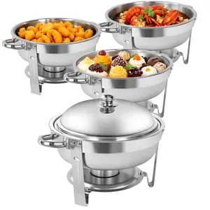 4 Pack 6QT Round Chafing Dish Buffet Set , Stainless Steel Food Warmer Kit with Lids, Food Pans, Water Pan and Fuel Holders for Restaurant Catering Parties Weddings