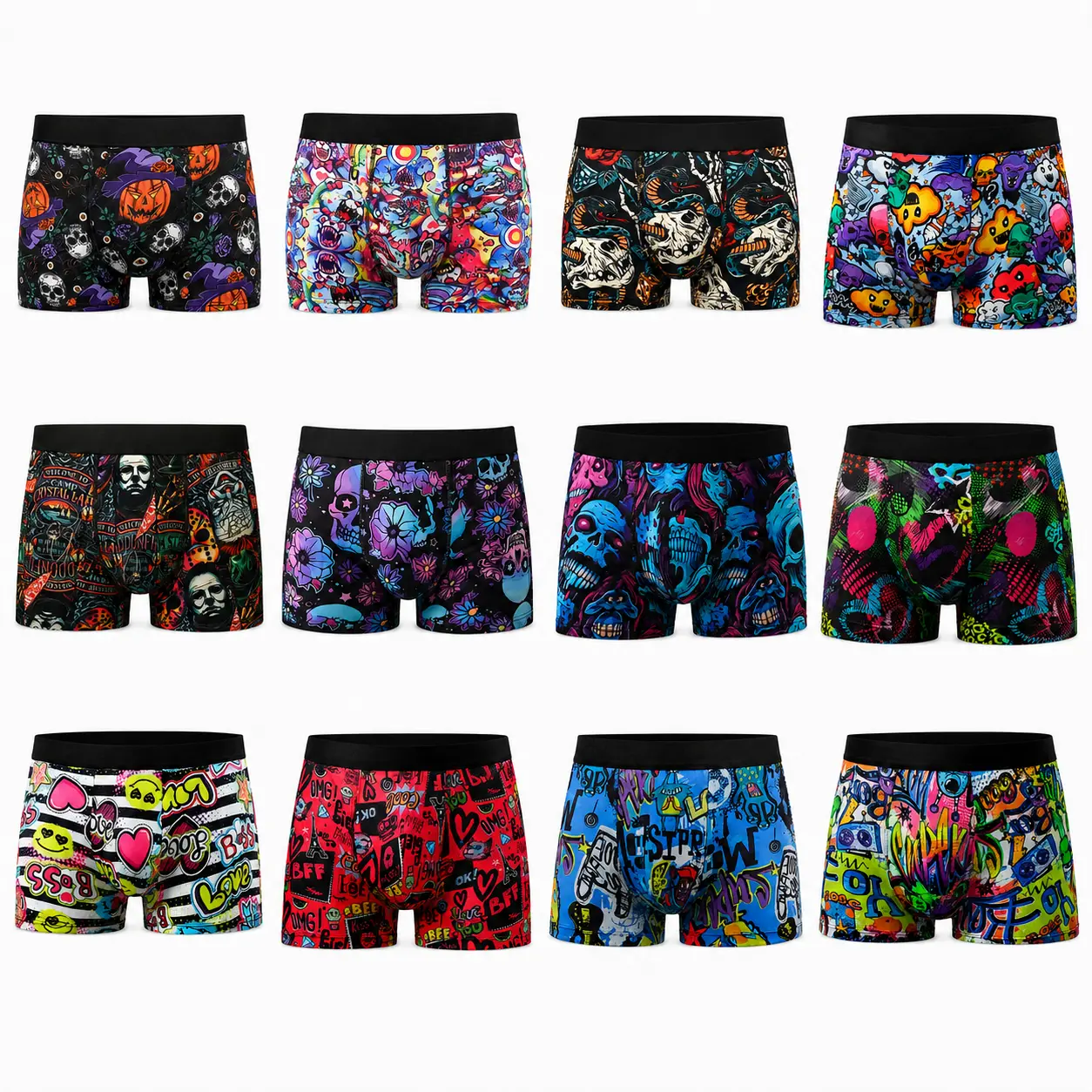 12pcs KXLBL Men's Cartoon Tie-Dye Striped Boxer Briefs - Soft, Comfortable, Breathable Polyester Blend, Vibrant Athletic/Everyday Casual Wear Value Pack Bundle with Mixed Color Beige Socks (Special Stock-Up Deal)