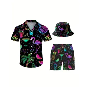 [Made in US] Men'S 3pcs Retro Outfit Beach Set, Neon Party Wine Glasses Sportswear, Hawaiian Sportswear Set, Shirt Beach Shorts And Fisherman Hat Bucket Hat Sleeves Fashion