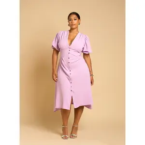 Nila Button Detail Skater Midi Dress - Lilac