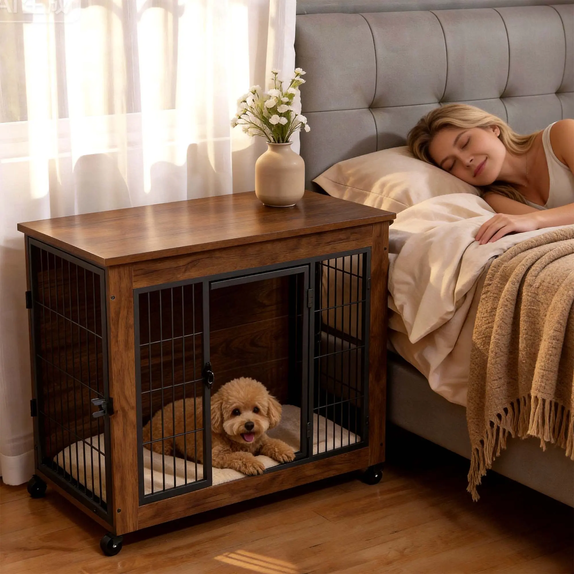 32.5" Dog Crate Furniture with Wheels for Small Dogs, Heavy Duty Dog Kennel Indoor with 2 Doors, Wooden Pet Cage End Table, Double-Doors Sturdy Metal Dog Cage for Anxiety Dog