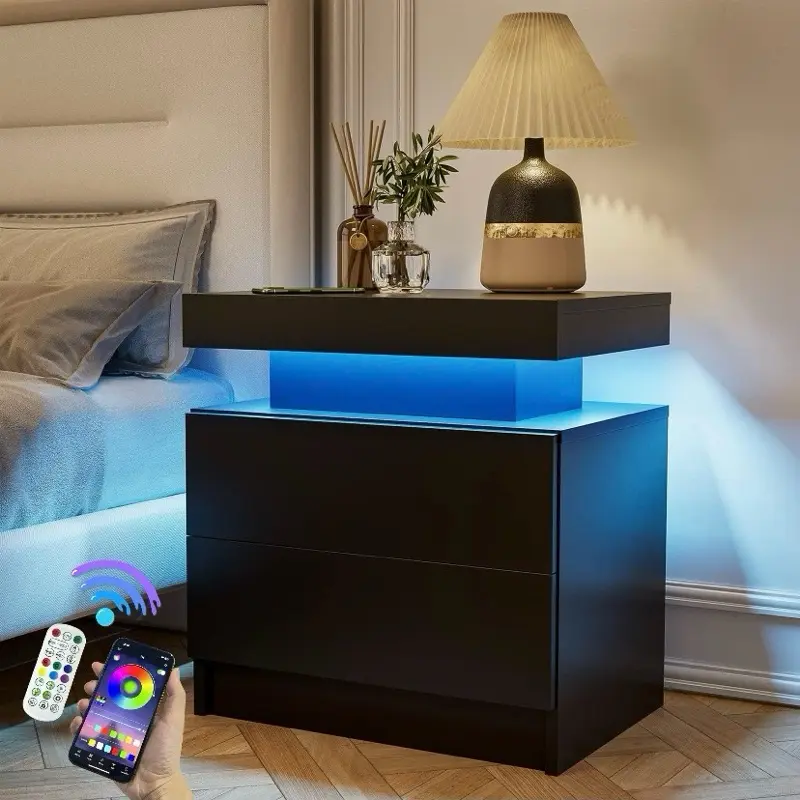 WILJOJ LED Nightstand Modern Bedside Table with 16 Color RGB Lights & 2 Drawers Durable MDF Board for Bedroom Living Room Furniture