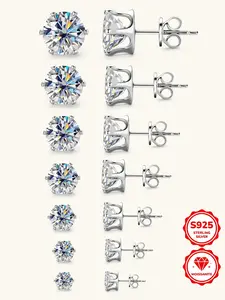S925 Sterling Silver Synthetic Moissanite Earrings, Round Shaped Stud Earrings, Solitaire Earrings for Women & Men, Trendy All-match & Exquisite Jewelry for Birthday Gift