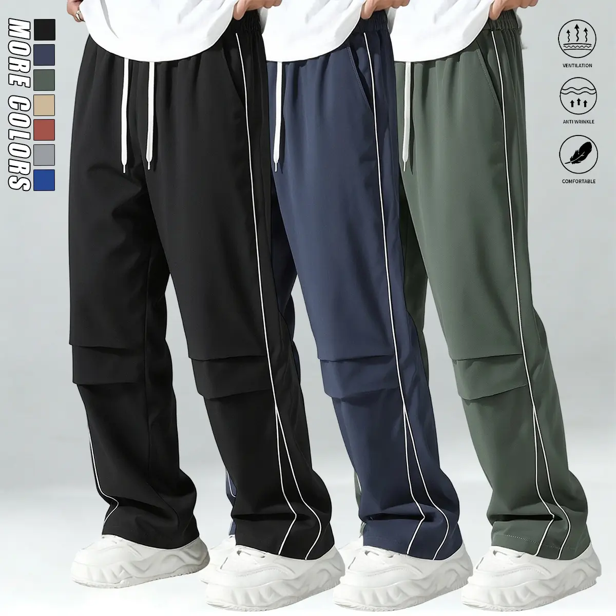 Men’s three-piece jogging pants set with side stripe detailing; straight-leg, loose-fit athletic pants that are comfortable, breathable, and lightweight for everyday casual wear—men’s bottoms, casual long pants. sport