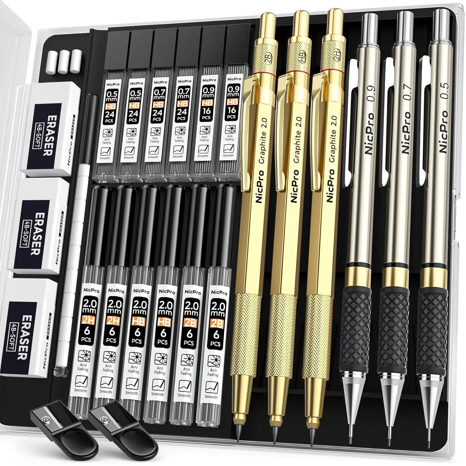 Nicpro 6PCS Art Mechanical Pencil Set | 3PCS Metal Drafting Pencil 0.5 mm & 0.7 mm & 0.9 mm & 3PCS 2mm Graphite Lead Holder (2B HB 2H) For Writing, Sketching Drawing