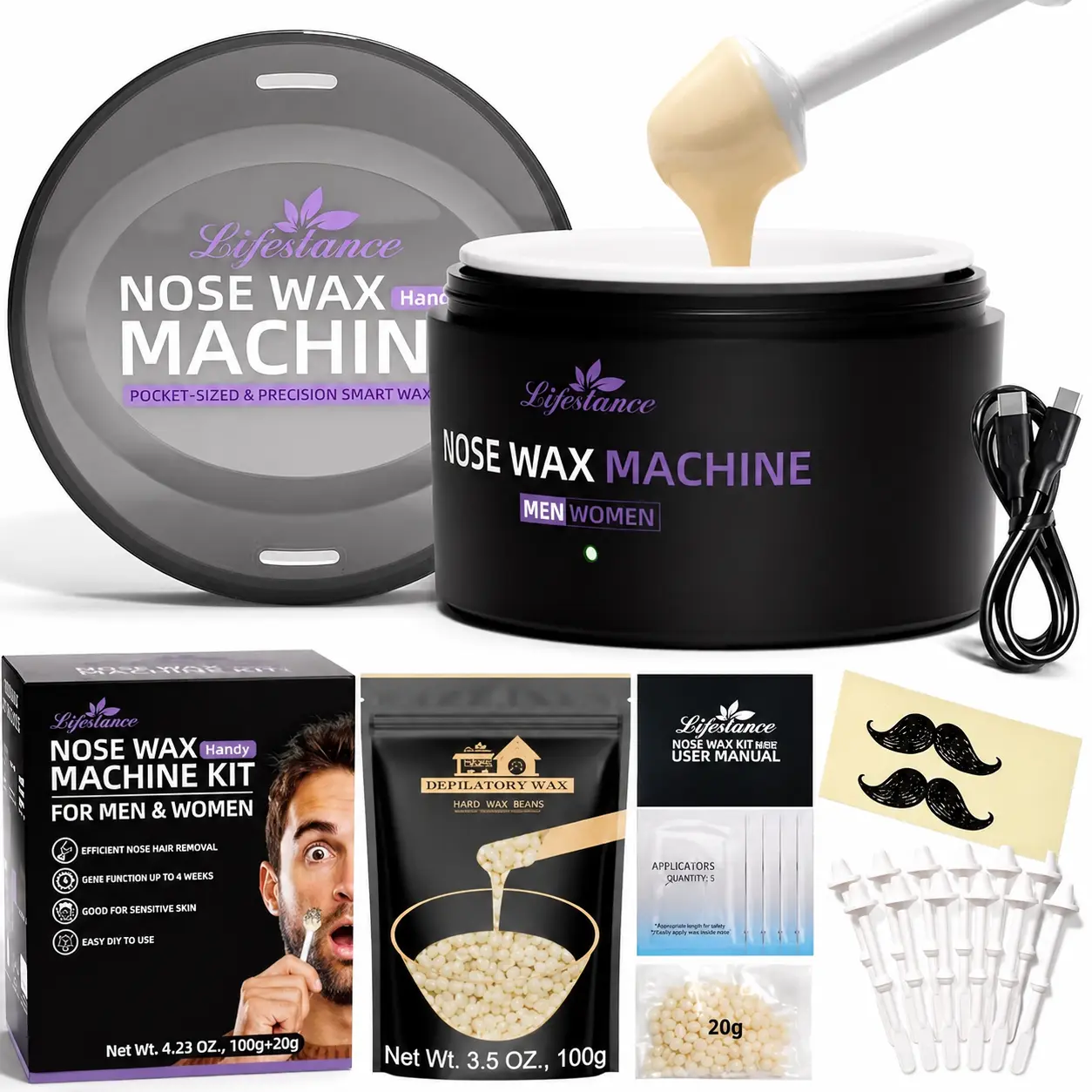 Lifestance Nose & Brow Wax Kit for Women & Men, 120g Facial Hair Removal Wax Set with USB-C Fast Heating, Smart Temp Control, 48 Sticks, Brows, Upper Lip, Sideburns, Ear & Nose Waxing