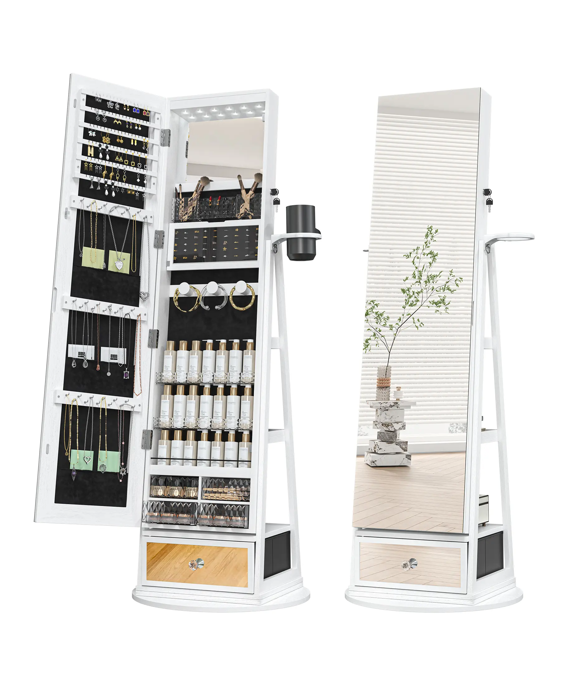360° Rotatable Standing Full-Length Jewelry Mirror Cabinet, Dimmable Adjustable LED Makeup Mirror Armoire, Space-Saving Large Storage Bedroom Organizer, Wood Drawer Dresser & Modern Storage Cabinet, Multi-Purpose Decor Box, Perfect Gift Idea For Women