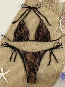 Sexy Solid Color Lace Women's Party Triangle Bikini Swimwear Triangle Bikini Top
