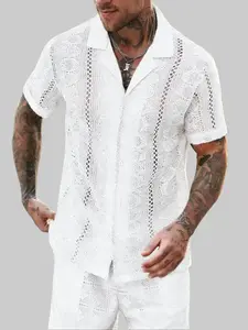 ZAFUL Men's Casual Lace Openwork Camp Collar Button Up Short Sleeves Shirt Fabric Sleeve Button Down Shirt