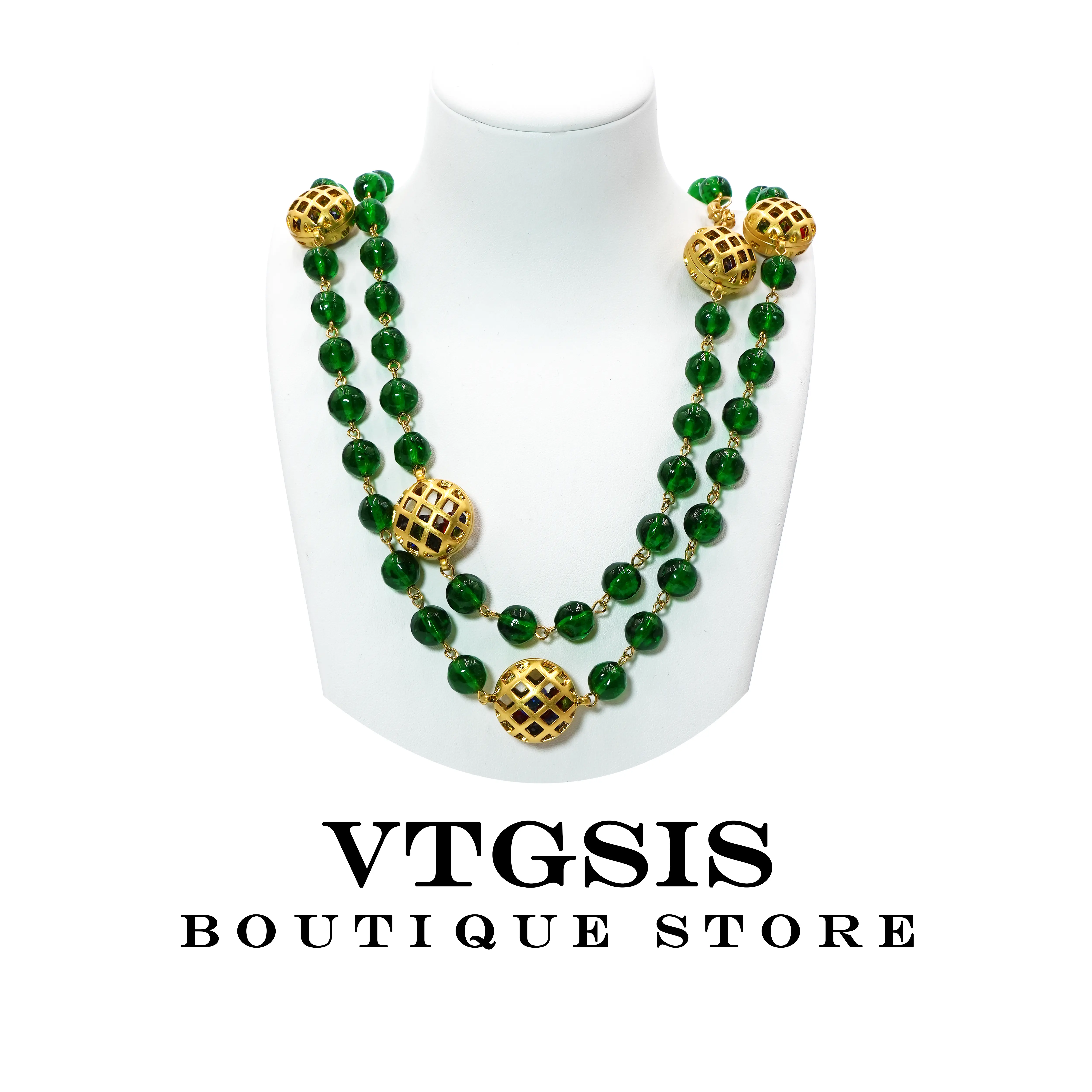 Luxury Double Layer Emerald Necklace | Gold Filigree Sphere Pendant | Art Deco Statement Jewelry for Galas & Parties | Handcrafted Vintage Glam