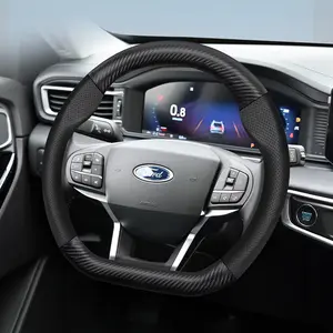 For Ford Steering Wheel Cover, Car Accessories, Frosted Carbon Fiber Textured Leather Combined with Perforated Breathable PU Leather Fits F-Series/F-150/Super Duty/Ranger/E-Transit/Puma/Explorer/Escape/Maverick/Mustang Mach-E/Mustang/Expedition/Everest