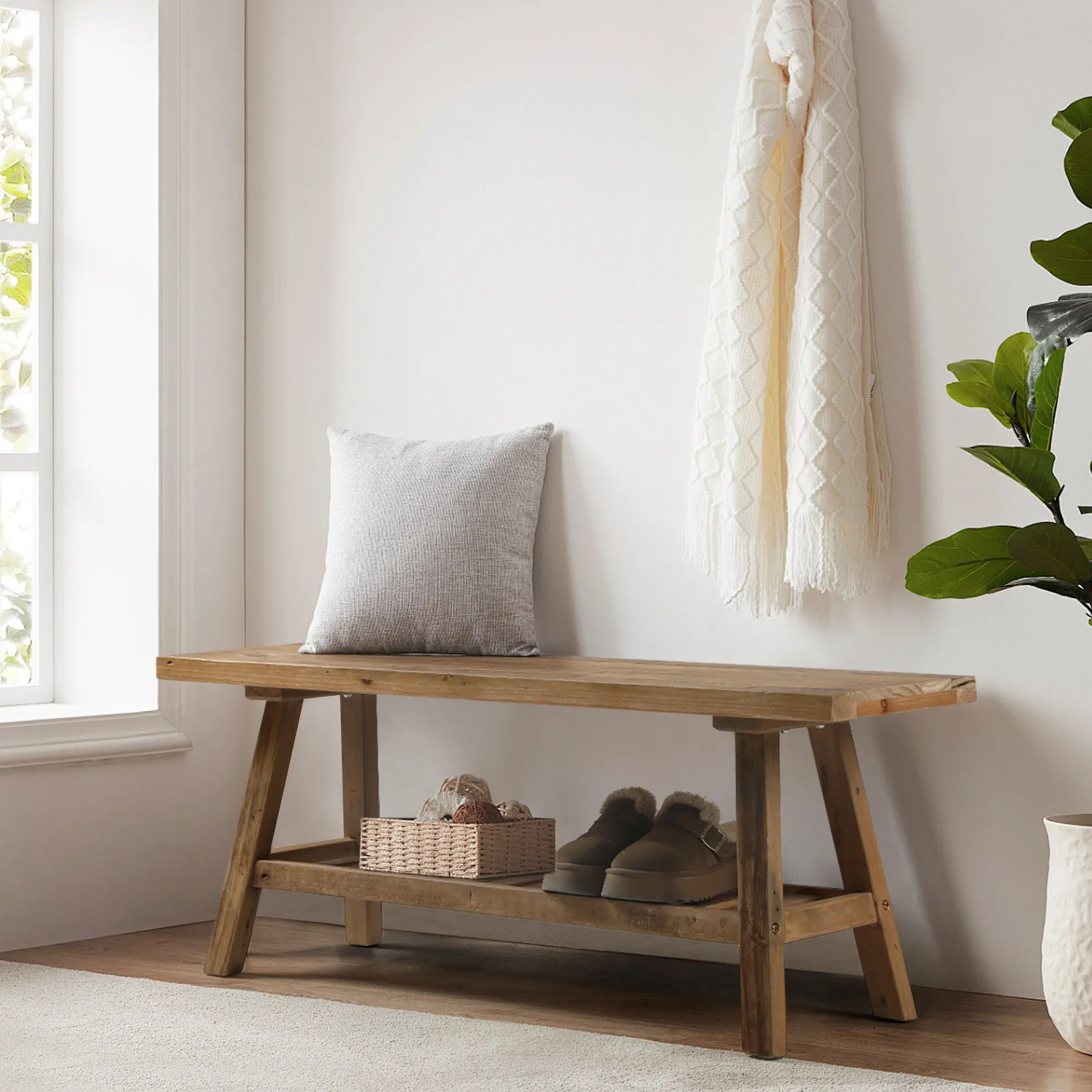 PieDle Furniture 2-Tiers Solid Wood Bench-43.3" Farmhouse Entryway Bench with Storage Shelf, Narrow Rustic Bench for Hallway, Kitchen, Bedroom, Dining