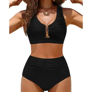Aqua Eve Women's High Waisted Bikini Set - Tummy Control U-Wire Cutout Swimsuit Two Piece Textured Bathing Suits 2026 Swimwear  SwimWeek  summervibes