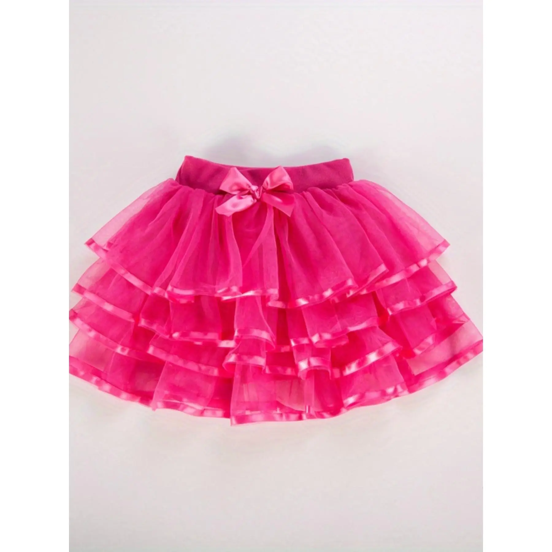 Girls' Cute Solid Color Tiered Ruffle Tutu Skirt, Puffy Polyester Mesh with an Elastic Bow Waistband, Elastic Waistband