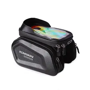 Dual Front Beam Bag Waterproof Hard Shell Bike Frame Bag with Touchscreen Phone Mount for Top Tube MTB Road Cycling Gear Reflective Safety Carbon Fiber Textured Lightweight Tool-Free Installation