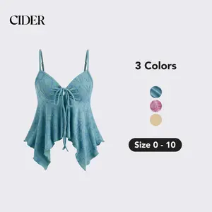 Cider Sweetheart Neckline Floral Knotted Lettuce Trim Cami Top with Adjustable Crisscross Strap, Lady Sleeveless Summer Top for Beach, Vacation and Music Festival Outfits