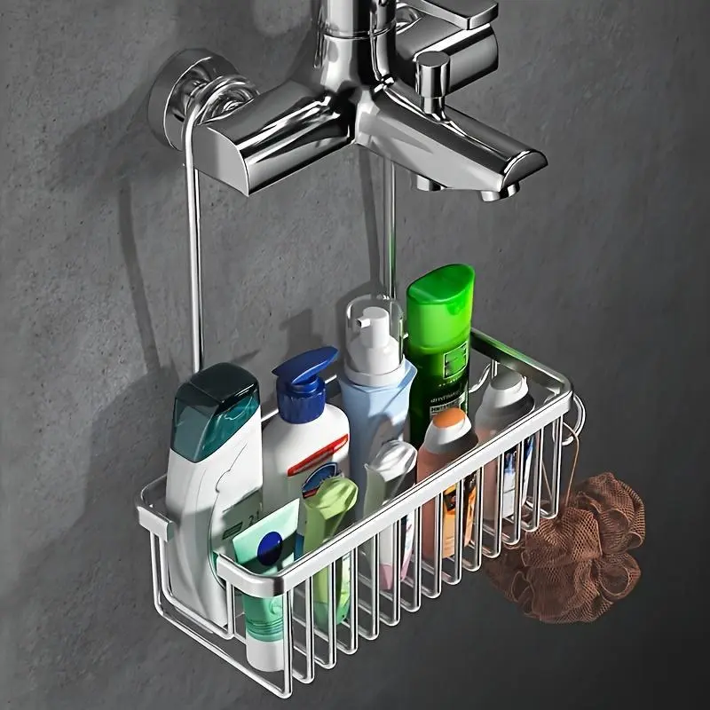 1pc Space Aluminium Wall-Mounted Bathroom Hanging Basket Storage Rack - Lightweight Shower Caddy for Shampoo & Accessories, Shower Organization