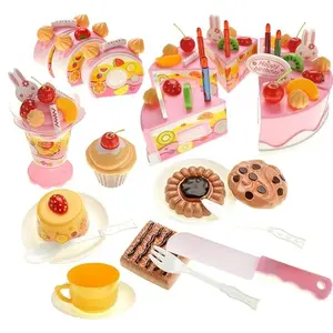 75 Pcs DIY Birthday Cake Food Cutting Kitchen Toy Set | Pretend Party Role Play Sweet Tea Party Set Gift with Cake, Ice Cream, Biscuit, Removable Candles & Stickers for Kids (Pink)