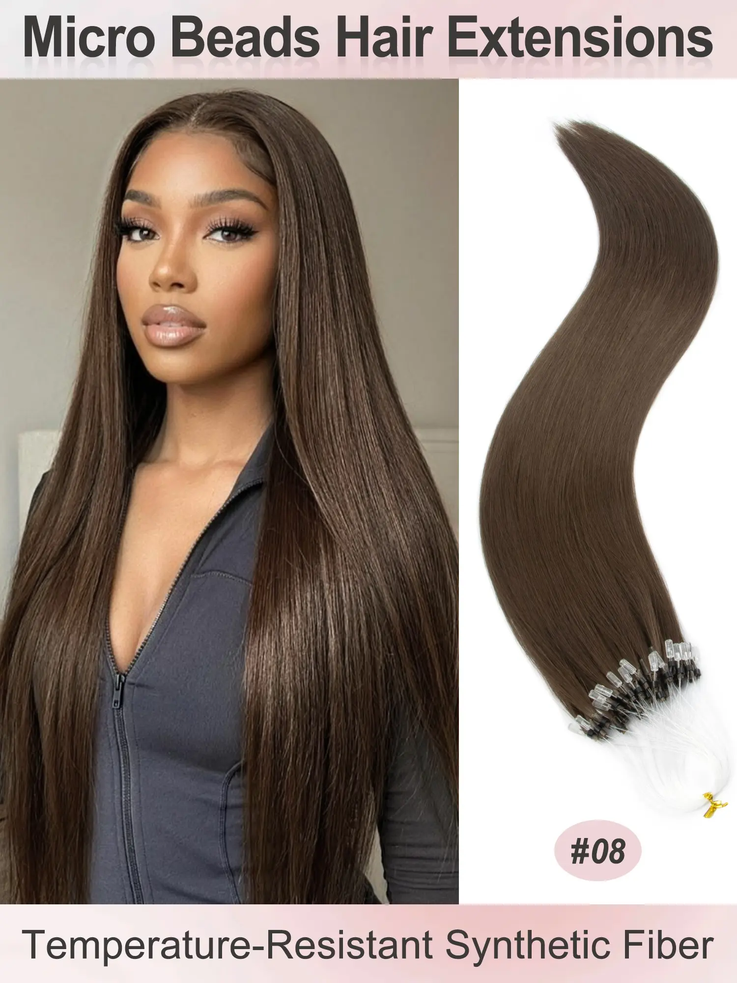 50 Strands Micro Beads Hair Extensions, Microbead Extensions, 20inch Natural Straight Hair, 12 Colors, Add Volume & Length, Premium Synthetic Hair for Women