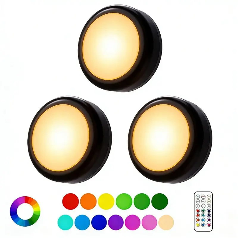 LED Puck Light, 3 Counts Battery Powered Dimmable Under Cabinet Light with 1 Wireless Remote Control & Dimmer & Timmer, Lighting for Closet Bedroom Kitchen, Indoor Lighting, Interior Led Lights, Dimmable Mood Light