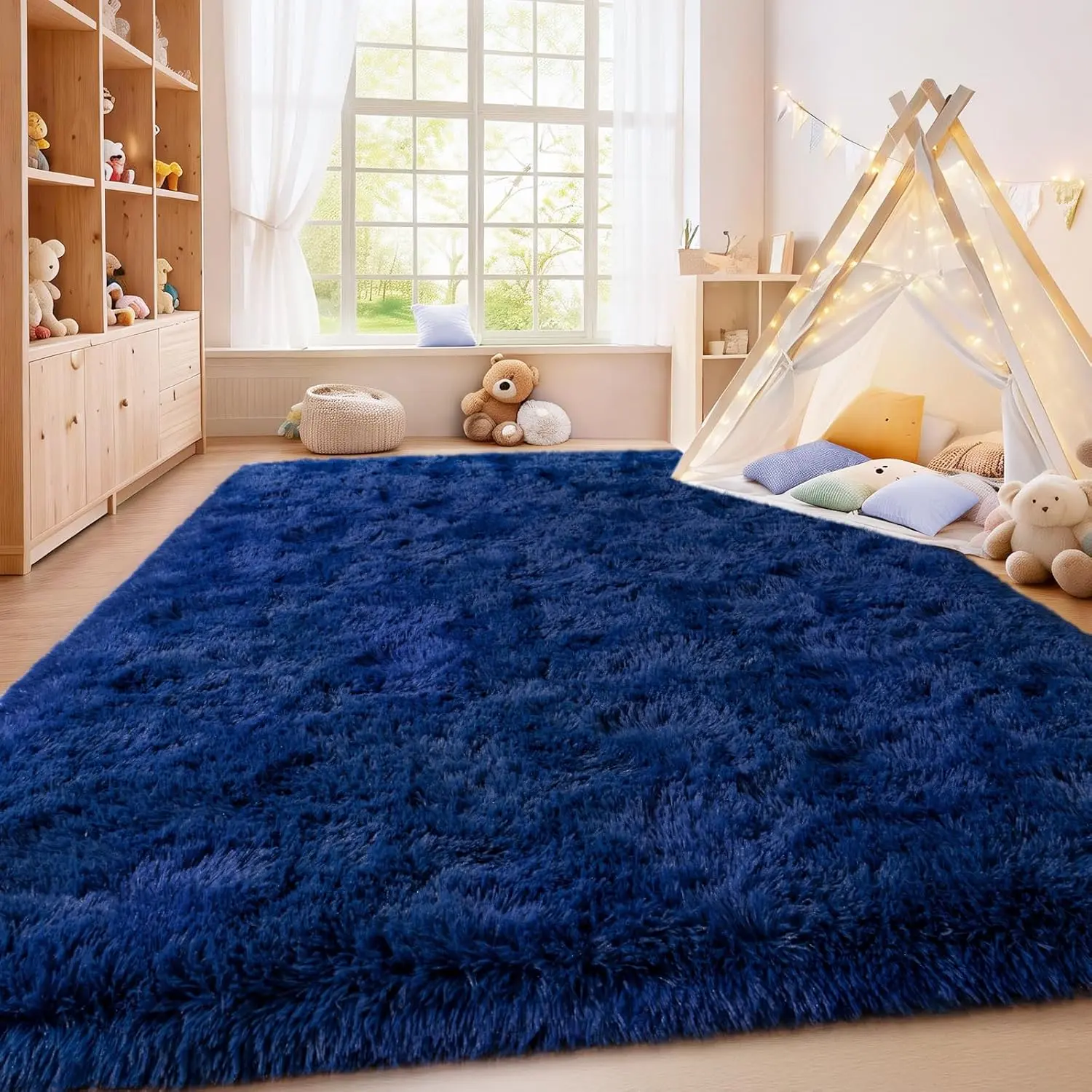 【SummerVibes】【Moving Season】Solid BLue Fluffy Shag Rug for Living Room, Soft High Pile Non Slip Carpet for Bedroom Nursery, Machine Washable Modern Mat