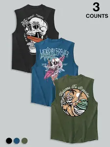 Men's 3-Pack Tropical Skull Graphic Sleeveless Printed Casual Breathable Urban Street Tank Tops, Menswear Summer Beach Vacation Print Casual Vests, Streetwear Surf Fashion #SkullTankTop #SummerStreetwear #BeachWear #SurfStyle #TikTokMadeMeBuyIt