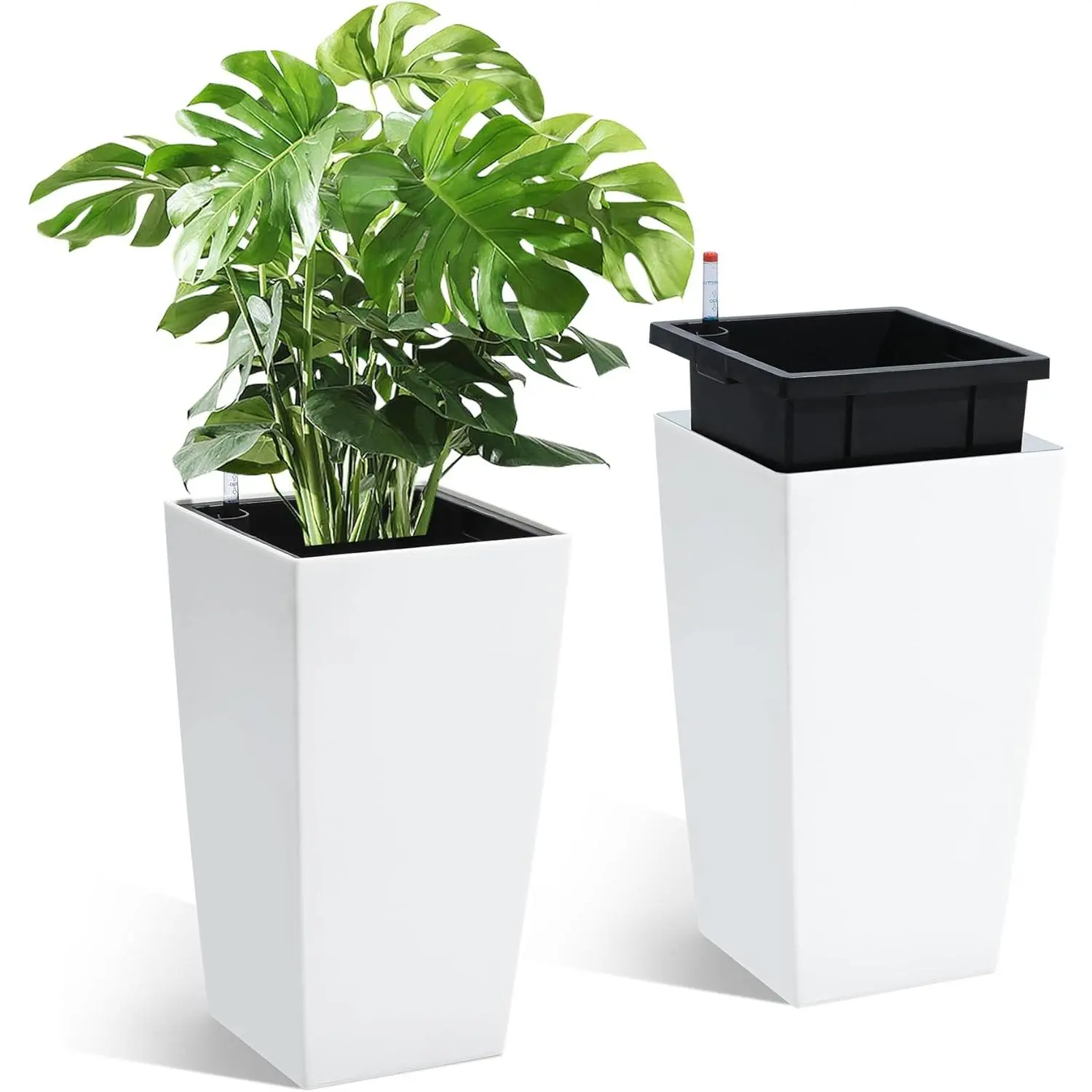 16 Inch Tall Rectangular Planters Set of 2 Large Modern Plant Pots with Drainage Holes&Water Level Monitor&Wheels Outdoor and Indoor for Patio, Porch, Living Room, or Home Office, White