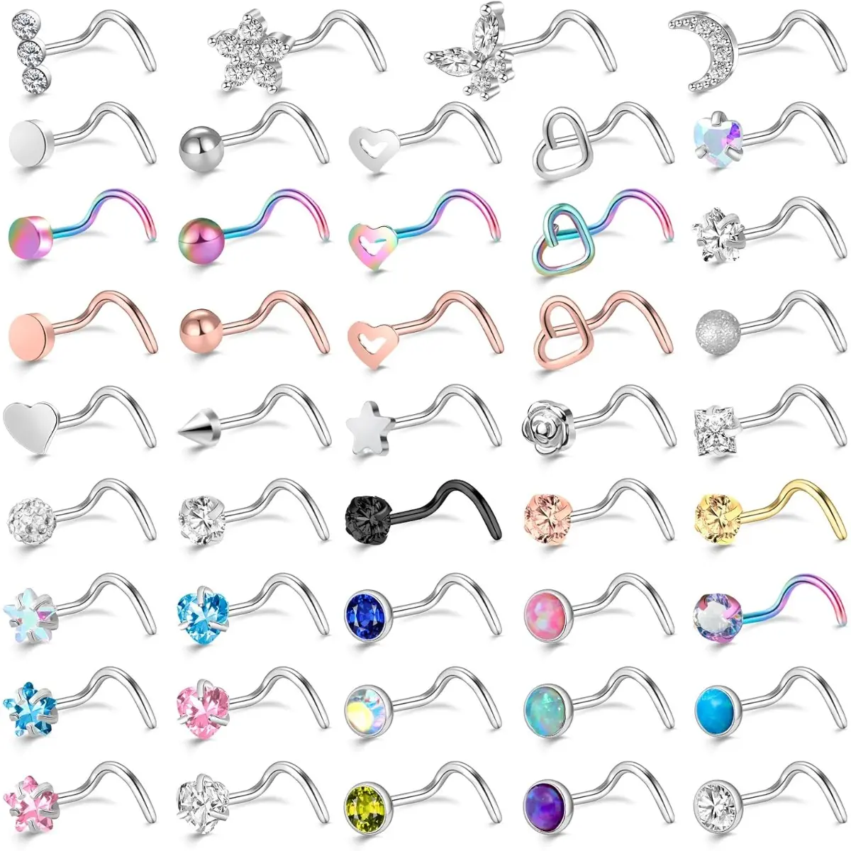 44-Pack 20G Hypoallergenic Rust-Resistant Surgical Stainless Steel Nose Studs Set - Moon, Star, Zirconia Designs, Spiral Nose Rings for Women, Christmas Valentine Stud Piercing Jewelry, Zirconia Piercing Jewelry