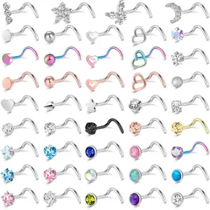 44 Pack Surgical Stainless Steel Nose Studs, Body Piercing Jewelry, Moon, Star, Heart, Butterfly and Other Designs - Anti Allergic, Suitable for Men and Women's Daily Wear and Music Festivals, Multifunctional Jewelry - with Storage Bag