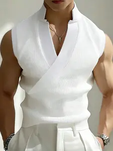 Men's Slim Fit Sleeveless Knitted Vest, Casual Stand Collar Cross Design, Perfect for Daily Wear and Dates
