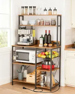 Garvee Rustic Brown Kitchen Bakers Rack with Power Outlet, 35x60 Inch Microwave Oven Stand Featuring 4 Tiers of Storage, Coffee Bar Table with 5 S Hooks, and Kitchen Shelf Rack for Spices and Pots