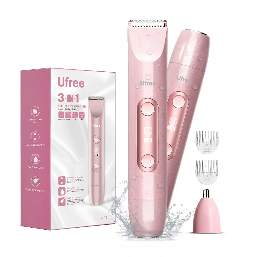 Ufree Bikini Trimmer Women's Pain-Free Electric Shaver, Facial Hair Removal, 3-in-1 Rechargeable Dual-Head Shaver , Underarm Armpits Trimmer, IPX6 Waterproof Razor, Summer Grooming Kit, Gifts for Her, Multifunctional Hair Trimmer