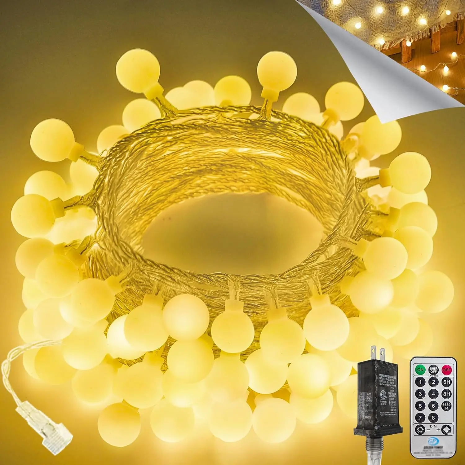Connectable 43FT 100LED Globe String Lights |   8 Modes Warm White String Lights Plug in with Remote |   Hanging Fairy Light for Indoor Outdoor Bedroom Party Classroom Christmas Tree Decor
