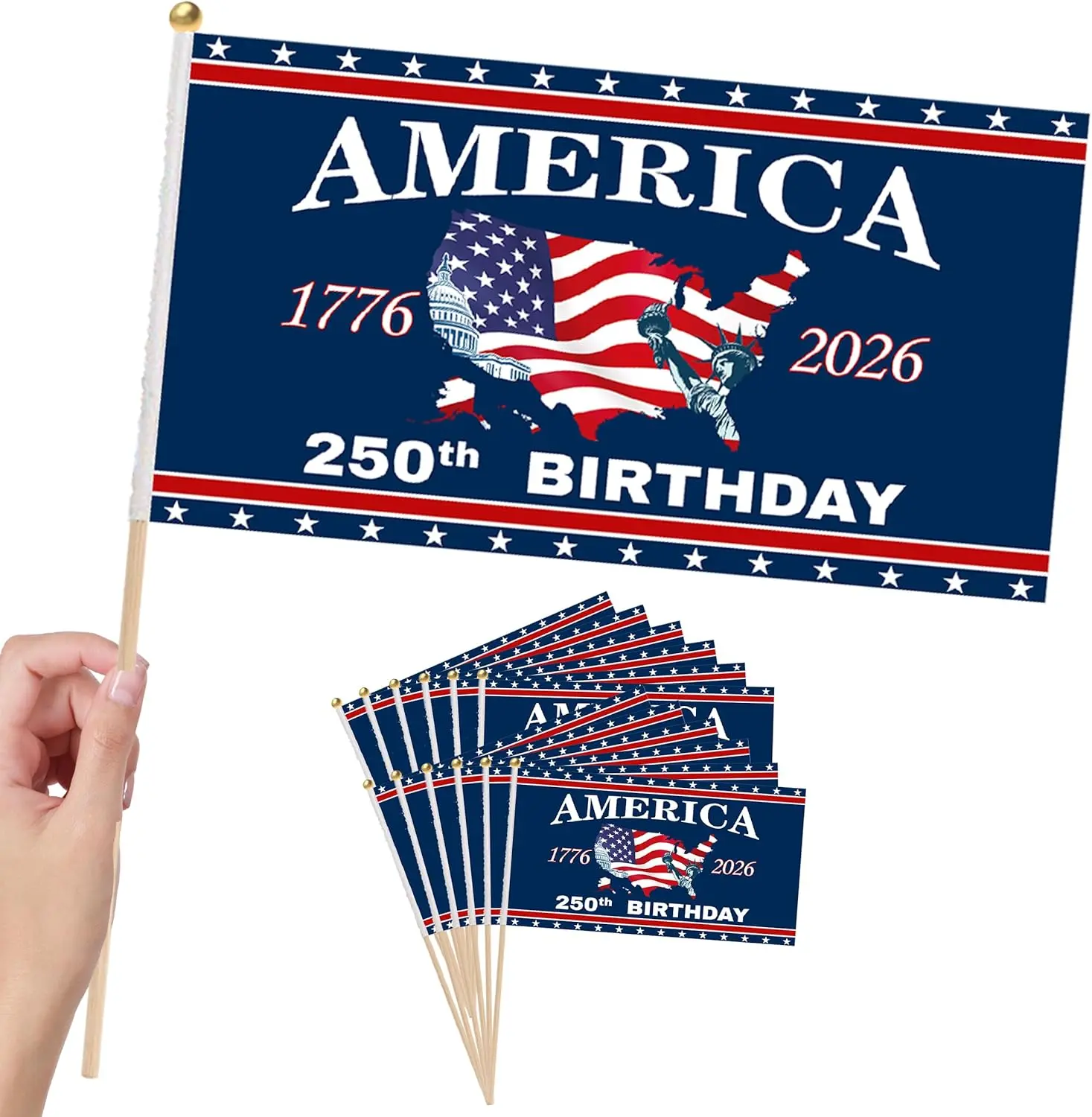 America 250th Birthday Handheld Flags Patriotic Mini Stick Flags 1776 2026 USA Map Small American Party Parade Flags for July 4 Independence Day Cookout Table Centerpiece Outdoor Celebration Decor
