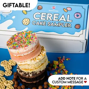 Cereal Cake Sampler Trio By Send A Cake - A delicious gift trio of nostalgic cereal inspired cakes including Cocoa Pops, Fruity Crunch, and Honey Clusters! - A sweet gift for birthdays, anniversaries, or just because! Or try this gift set for yourself!
