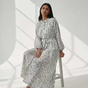 Abstract Print Belted Maxi Dress | Modest Long Sleeve Dress