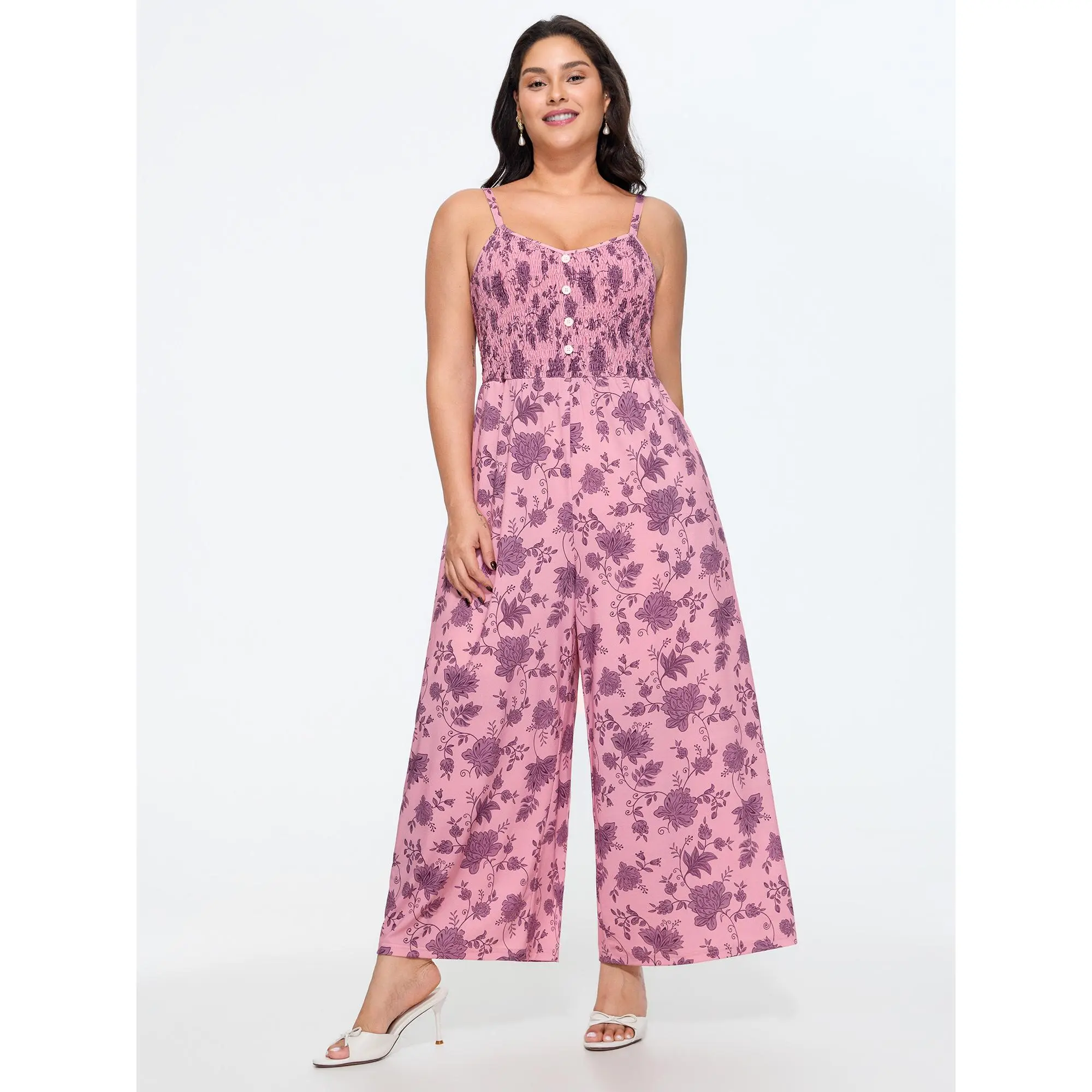 BloomChic Women's Plus Size Casual Floral Print Overalls Jumpsuit - Sleeveless, Smocked Waist, Pockets, Spandex-Elastane Polyester Blend Fabric, Multi-Size M-6X, Low Iron, Classic, Garment