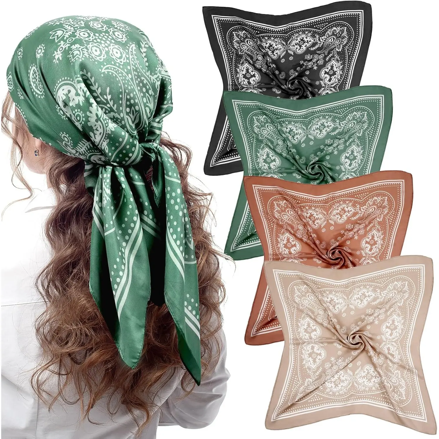 Women's 4-Pack 27'' Square Satin Head Scarves - Silk-Feeling Sports Headbands, Boho Shawl, All-Season Outdoor Hiking Accessory for Party, Weddings, Hair Warmth, Unisex Names Compatible