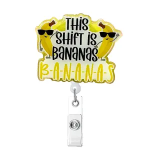 This Shift Is Bananas Badge Reel, 1 Count Retractable Acrylic Badge Reel, Creative Badge Reel, Glitter ID Holder for Nurse, Office Staff, Student, Badge Decoration