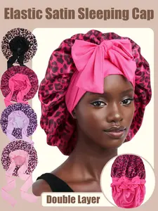 Stylish Leopard Print Bow Long Strap Women's Elastic Sleep Cap, Soft Silky Sleep Headscarf for Beauty and Makeup, Comfortable Wide Bath Cap for Couples