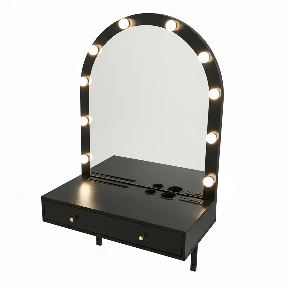 Wall-Mounted Floating Vanity Desk with Stainless Steel Frame, Engineered Wood, Arched LED Hollywood Mirror, 3-Color Dimmable Tabletop Mirrors, Charging Station with Ac Outlets, 2 Drawers, Easy Vanity Setup, Space-Saving for Bedroom (31.49x15.74x53.93 in),