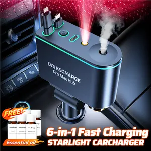 Starlight Roof Retractable Charger with Lightning Cord, Dual Charging Ports, Quick Charge Adapter - Automotive 5-in-1 Car Charger Red Lights outdoorfun